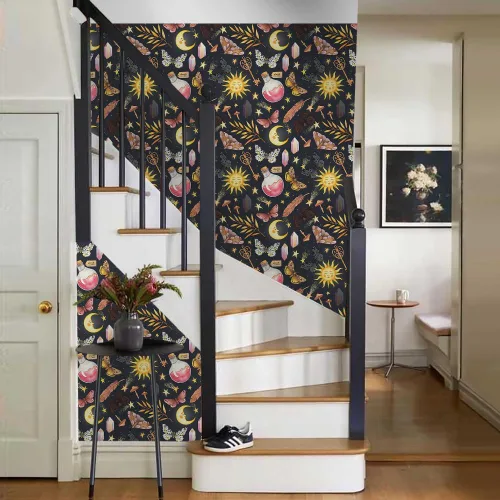 Vista 6 de Papel Tapiz Negro Azul Marino Fantástico Sueño Mágico Sol Luna Mariposa Hongos Estrellas de Cristal para Despegar y Pegar Papel de Contacto Adhesivo