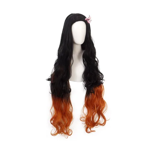 Vista 4 de ZGNGLIZ Peluca de cosplay de anime Kamado Nezuko para Demon Slayer personajes de Kimetsu no Yaiba Play Cosplay pelucas con gorra de peluca gratis