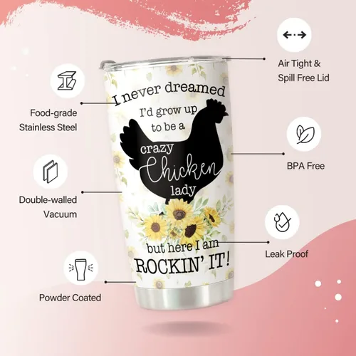 Vista 4 de Crazy Chicken Lady Gifts – Vaso de acero inoxidable con girasol de pollo de 20 onzas para dueños de pollos – Taza de viaje de pollo para mamá
