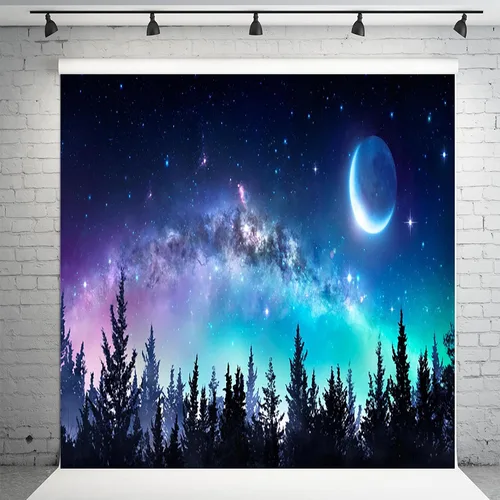 Vista 9 de AOFOTO Telón de fondo de bosque de cielo nocturno de 5 x 3 pies, universo, nebulosa, galaxia, cielo estrellado, fondo para fotos, luces coloridas