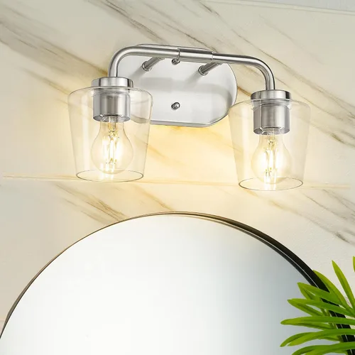 Vista 12 de AD-22004-2W-SN - Lámparas de baño sobre espejo, 2 luces de níquel cepillado con vidrio blanco leche, apliques de pared vintage de granja