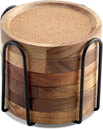 Vista 5 de Posavasos de corcho de madera de acacia con soporte, posavasos de corcho rústico absorbente para mesas de café/comedor y escritorios, juego de 6