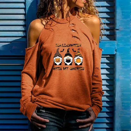Vista 2 de Sudaderas de Halloween para mujer, suéter de talla grande, manga larga, hombros descubiertos, moda de otoño, ropa de moda para mujer