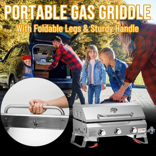 Vista 7 de ONLYFIRE GRILLS - Parrilla de mesa de gas con patas plegables, parrilla de gas propano portátil de 3 quemadores con tapa plana para cocinar al aire