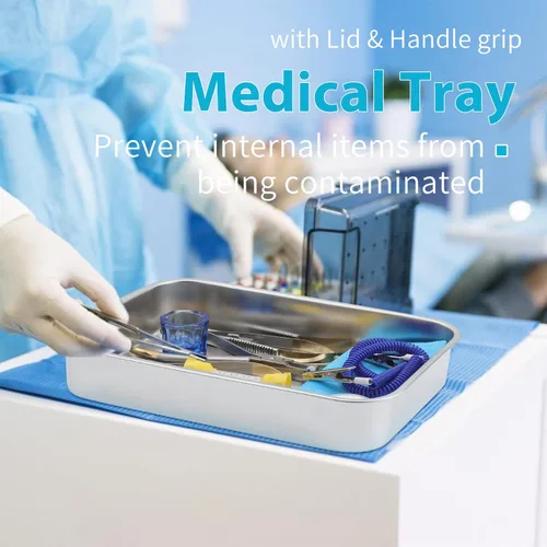 Vista 2 de Bandejas quirúrgicas médicas de acero inoxidable para instrumentos dentales, organizador de bandeja de esterilización, bandejas con tapa y asa