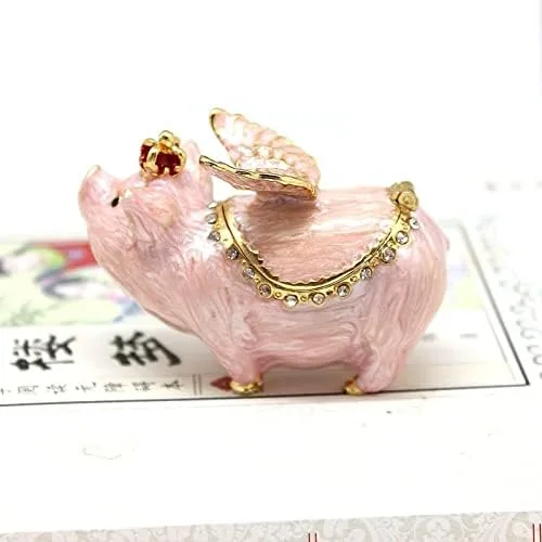 Vista 2 de Mini cerdo de diamantes de imitación esmaltados con alas caja de joyería con bisagras caja de baratijas de cerdito brillante caja de anillos