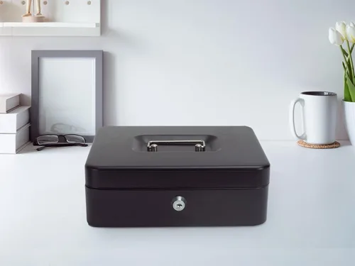 Vista 6 de Caja de dinero con cerradura y bandeja de dinero, caja de dinero de metal, caja grande para dinero 9.84 x 7.87 x 3.54 pulgadas, color negro