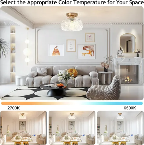 Vista 3 de Lámpara de Techo Semiempotrada, Luminaria Moderna Mejorada Cerca del Techo con Vidrio Transparente, Dorada, Iluminación Interior para Cocina
