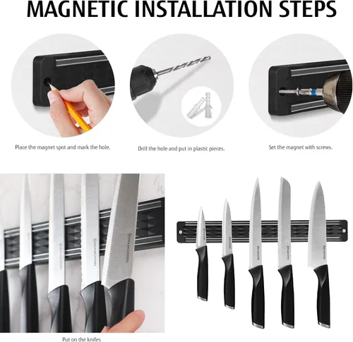 Vista 4 de Juego de cuchillos negros de 6 piezas con tira magnética para pared, juego de cuchillos magnéticos ultra afilados para cocina, apto