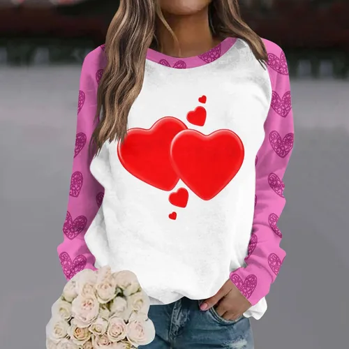 Vista 6 de Sudaderas para el día de San Valentín para mujer, blusas de cuello redondo, casuales, sin botones, estampado de corazón, camisas de manga larga