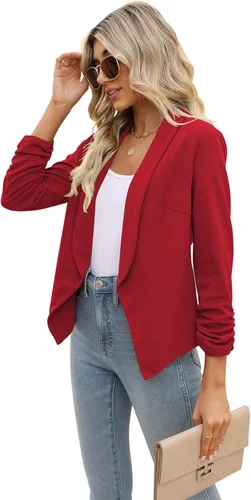 Vista 5 de POGTMM - Blazer de manga de 34 para mujer, con parte delantera abierta, chaqueta estilo cárdigan para uso en el trabajo o la oficina