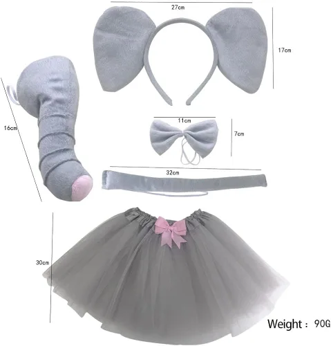 Vista 2 de Disfraz de elefante gris, diadema con orejas de nariz, coleta, corbatín y patas, falda tutú, kit de fantasía para Halloween, fiesta de cosplay