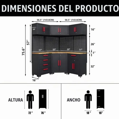 Vista 2 de Juego de taller de esquina, 10 gabinetes de garaje y sistema de almacenamiento con gabinete de esquina, cajones de gabinete, banco de trabajo