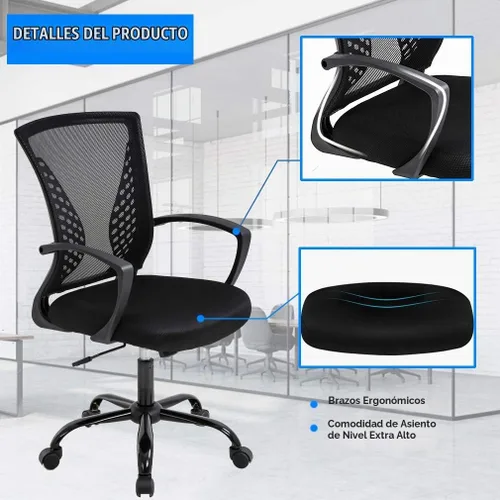 Vista 6 de Silla de oficina ergonómica de malla para computadora BestOffice, con reposabrazos, soporte lumbar, respaldo medio, giratoria, ajustable, para Negro