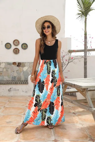 Vista 4 de BLUETIME - Vestido largo de verano, sin mangas, con estampado floral, estilo bohemio, para mujer (S-3XL)