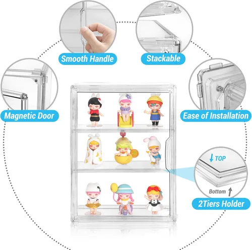 Vista 4 de Vitrina acrílica para figuras, organizador de almacenamiento transparente de 3 niveles montado en la pared, caja de exhibición con puerta magnética