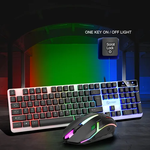 Vista 3 de Teclado y mouse para juegos con cable, teclado mecánico luminoso con sensación de mano, teclado portátil iluminado para computadora, computadora