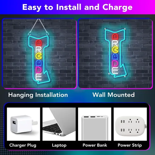 Vista 8 de Arcade - Letreros de neón con flecha de estilo retro con control remoto multifuncional para sala de juegos, luces de juego para decoración de pared