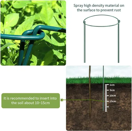 Vista 5 de JOYSEUS Paquete de 6 estacas de soporte para plantas, estacas de metal para plantas de jardín, anillo de soporte de plantas medio redondo verde