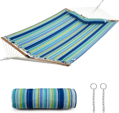 Vista 10 de Tangkula Hamaca doble de 11 pies, hamaca resistente para exteriores con barras esparcidoras curvas, almohada desmontable, hamacas para 2 personas