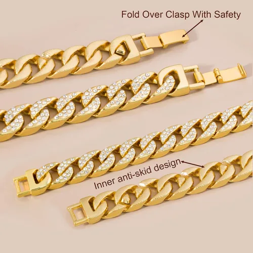 Vista 5 de DAILI 14K Gold Bracelets for Men, Cuban Link Bracelet Mens 8 inch Length CZ Hip Hop Bracelet Chain Bracelet Iced Out Cuban Stainless Steel Bracelet