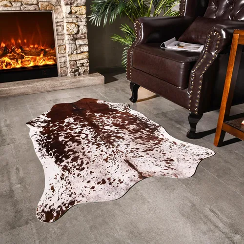 Vista 30 de Easycozy Alfombra de piel de vaca sintética con gran estampado de vaca, 3 x 4 pies, alfombra gruesa y elástica para dormitorio, sala de estar