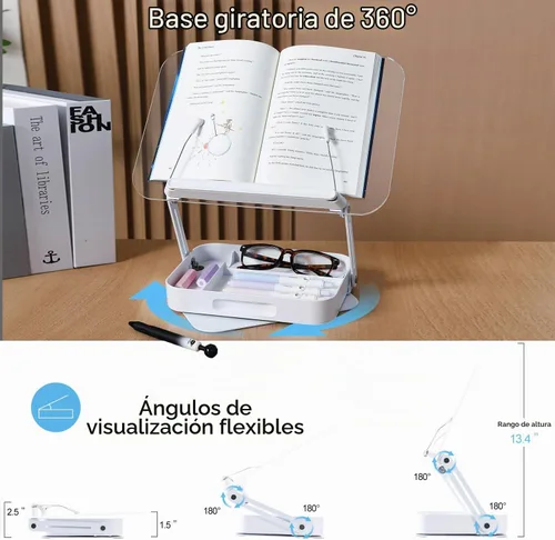 Vista 3 de ZOEY Soporte acrílico para libros de lectura, soporte ajustable para libros con base giratoria de 360 grados y soporte elevador plegable de aleación