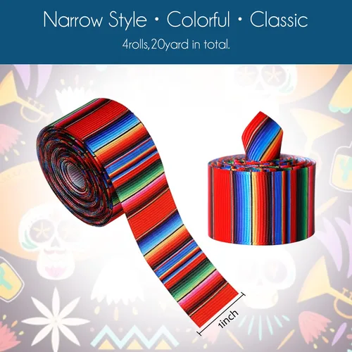 Vista 2 de Cinta de Serape mexicano para fiesta, 4 rollos de cinta de rayas de arco iris, cinta mexicana para fiesta, cinta de grogrén colorida para envolver