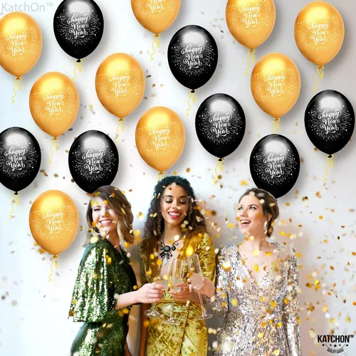 Vista 8 de KatchOn, Globos negros y dorados de Año Nuevo 2026 – Paquete de 50 Globos de látex de Feliz Año Nuevo Globo de látex dorado y negro