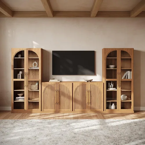 Vista 32 de BELLEZE Centro de entretenimiento modular de 4 piezas con almacenamiento, 2 vitrinas de madera moderna con gabinete arqueado y 2 armarios de puerta