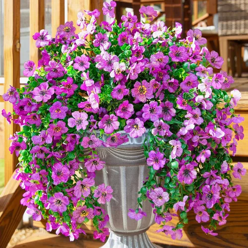 Vista 13 de Flores artificiales colgantes de imitación para decoración exterior de otoño, 2 piezas de violetas de seda falsas con eucalipto, resistentes a