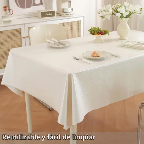 Vista 6 de TruDelve Mantel de Vinilo con Respaldo de Franela Mantel de Mesa de Plástico Blanco Cuadrado Manteles de Mesa para Fiestas Impermeables Cubierta