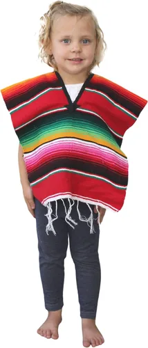 Vista 4 de Del Mex Poncho de Serape Mexicano para Niños y Niñas, Disfraz para Edades 2-14 Negro