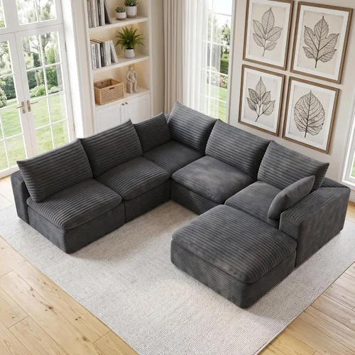 Vista 42 de 118" Cloud Couch Oversized Modular Sectional Sofa, Boneless L-Shaped 6 Seater Deep Seat Couch with Ottoman, Soft Corduroy Upholstery, DIY Negro