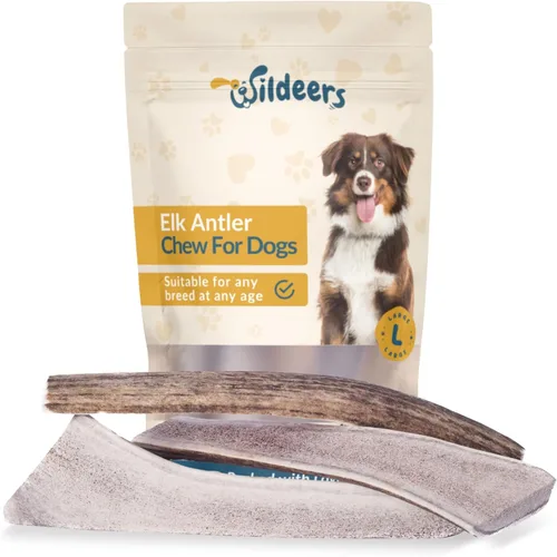 Vista 10 de Wildeers Cuernos divididos para perros medianos, paquete de 2, fabricados en Estados Unidos, cuernos de alce de grado A, huesos masticables