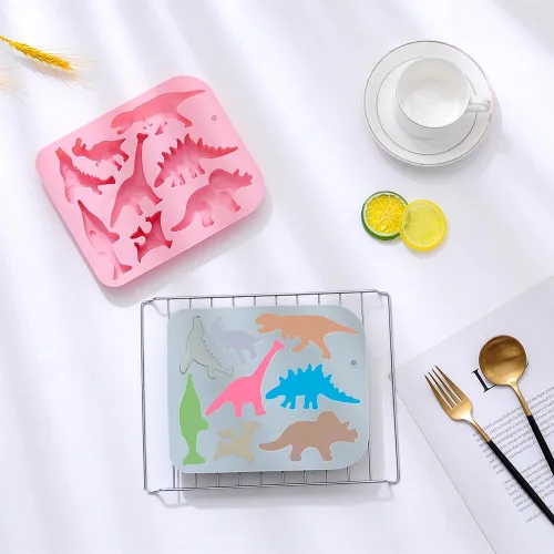 Vista 4 de 2 moldes de silicona para tartas de dinosaurio, bandeja de gomitas de chocolate con dinosaurio 3D de dibujos animados, 8 cavidades, molde de Molde