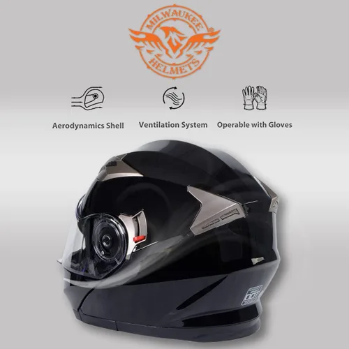 Vista 6 de Milwaukee Helmets MPH9806DOT Ionized Gloss Black Advanced Motorcycle Modular Helmet Biker w/ Drop Down Visor