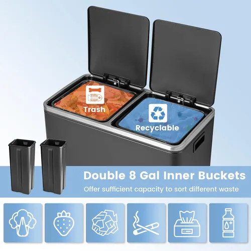 Vista 3 de Goplus Basurero doble de 60 litros (2 x 30 L)/16 galones de acero inoxidable, cubo de basura rectangular con cubos interiores y tapas con bisagras