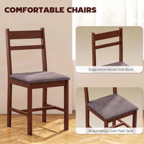 Vista 5 de HOMCOM Juego de mesa de comedor de madera maciza de 5 piezas para 4, mesa de cocina estilo granja con sillas tapizadas para espacios pequeños Marrón