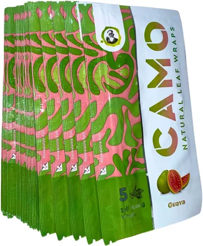 Vista 6 de Envolturas de hojas naturales afganas de camuflaje de varios sabores – 125 (25 x 5) envolturas de hojas por caja – (guayaba) con una calcomanía