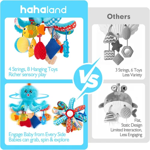 Vista 9 de Hahaland - Juguetes para bebés de 0 a 6 meses, asiento de automóvil, juguete de pulpo de peluche con cuerdas de tracción Infant Hanging Toy for
