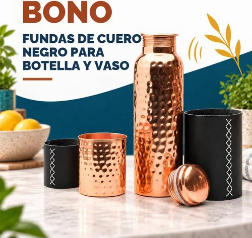 Vista 4 de Kitchen Science - Botella de agua de cobre con vaso y fundas de cuero negro, 34 onzas, a prueba de fugas, probada en laboratorio