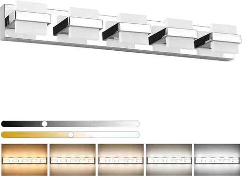 Vista 28 de SOLFART Lámpara de baño cromada de 3 luces, luz de tocador sobre el espejo, lámparas LED modernas, 5 colores de temperatura ajustable moderna