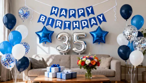 Vista 14 de Decoración de fiesta de cumpleaños número 30 para hombres, pancarta de feliz cumpleaños, color azul, plateado, número 30, globos de papel