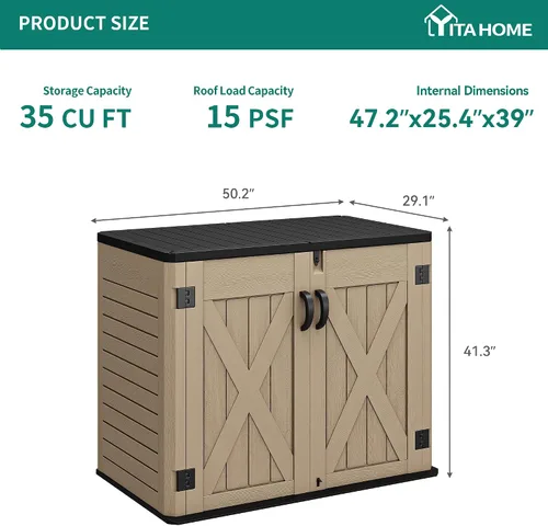Vista 7 de YITAHOME - Cobertizo de almacenamiento horizontal al aire libre con puerta bloqueable en forma de X, cobertizo de herramientas de resina resistente