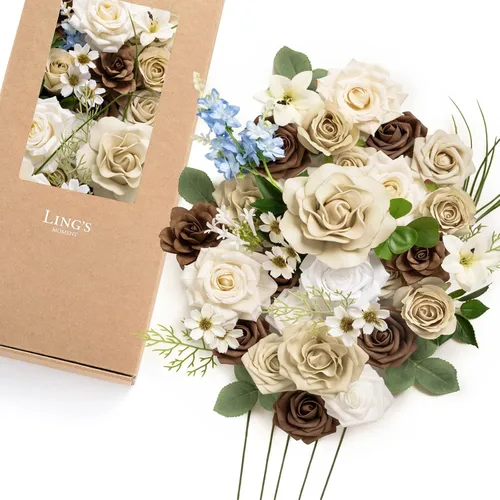Vista 29 de Ling's moment Caja de Flores Falsas, Tallos de Vegetación Artificial Falsa Rosas de Espuma Dalia Hortensia de Seda Peonía Flor de Tela para Centros