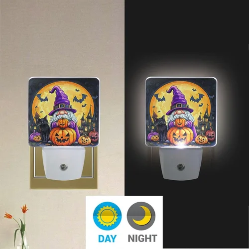 Vista 5 de Wusikd Juego de 2 luces nocturnas de gnomos de Halloween, luces LED enchufables con sensor de atardecer a amanecer, lámpara con sensor automático