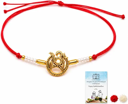 Vista 16 de Rakhi adulto Rakhi para hermano: Rakhi para Bhaiya: combo de mauli Rakhi hecho a mano con tarjeta de felicitación y Roli Chawal: Rakshabandhan