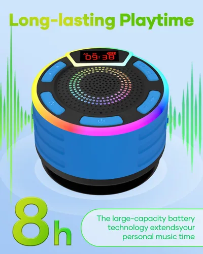 Vista 8 de ssuowao - Altavoz de ducha Bluetooth IPX7 impermeable con pantalla LED, radio FM, ventosa, micrófono integrado, mini altavoz para baño, viajes