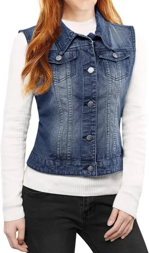 Vista 3 de Allegra K Chaleco de mezclilla lavado con botones para mujer, con bolsillos con solapa en el pecho